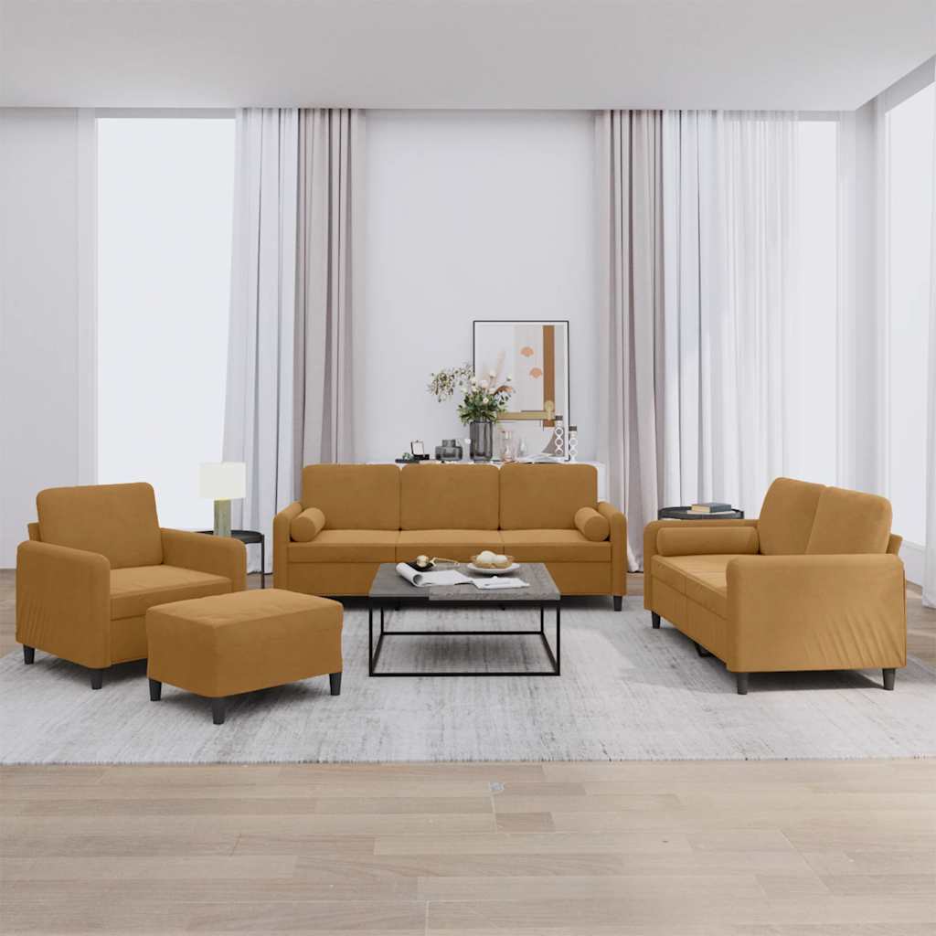 4-dijelni set sofa s jastucima smeđi baršunasti