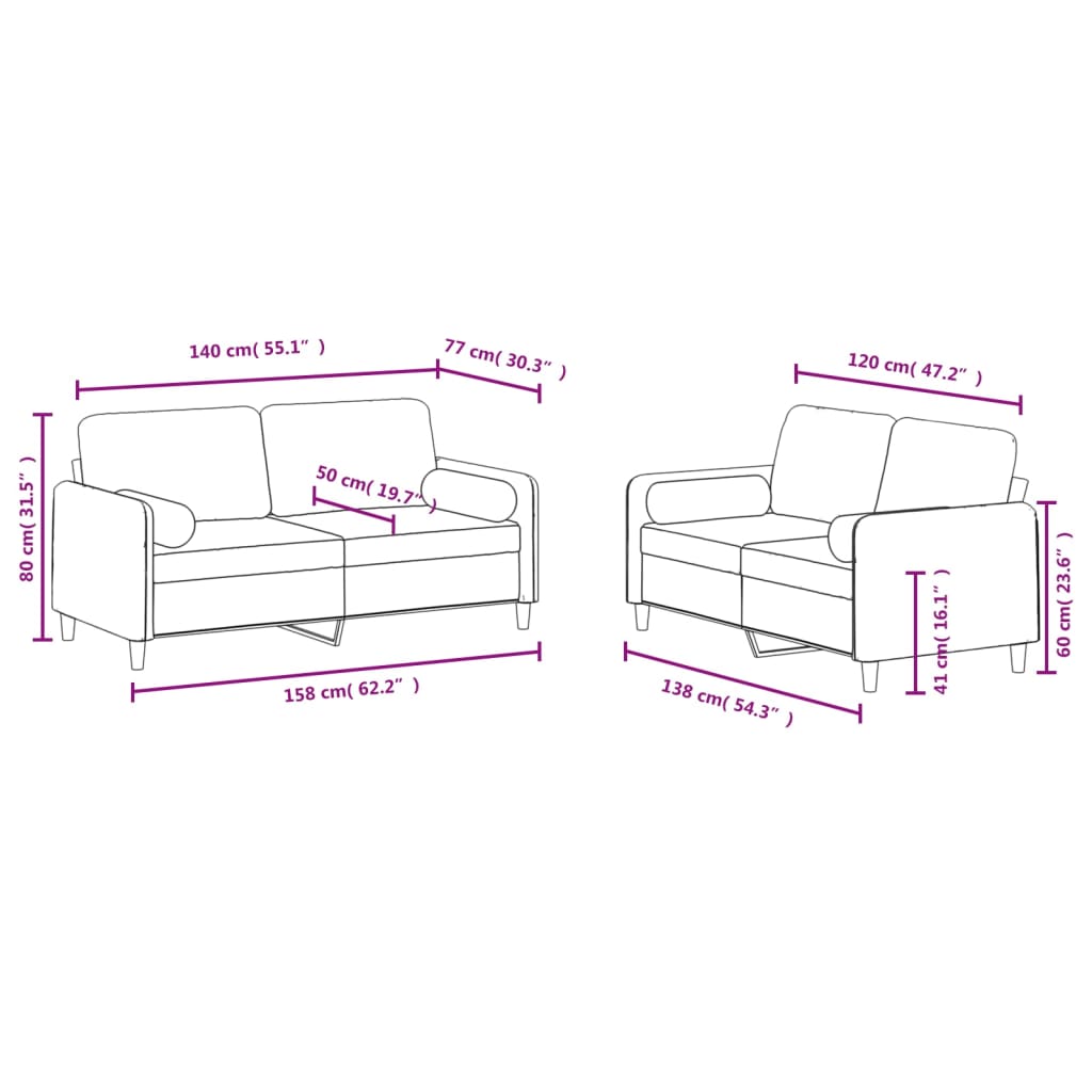 2-dijelni set sofa s jastucima ružičasti baršunasti