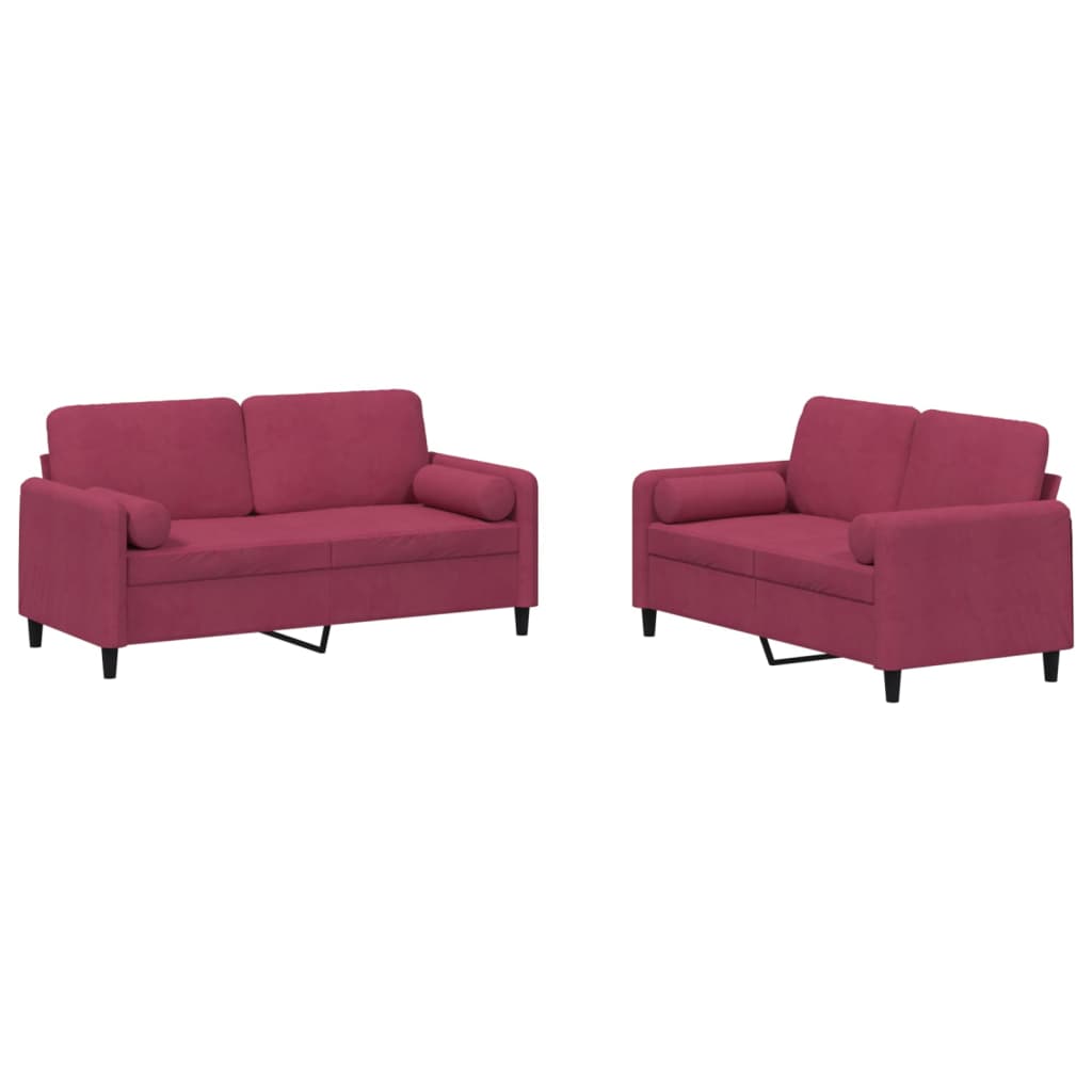 2-dijelni set sofa s jastucima crvena boja vina baršunasti