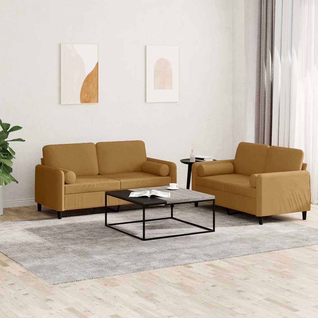 2-dijelni set sofa s jastucima smeđi baršunasti