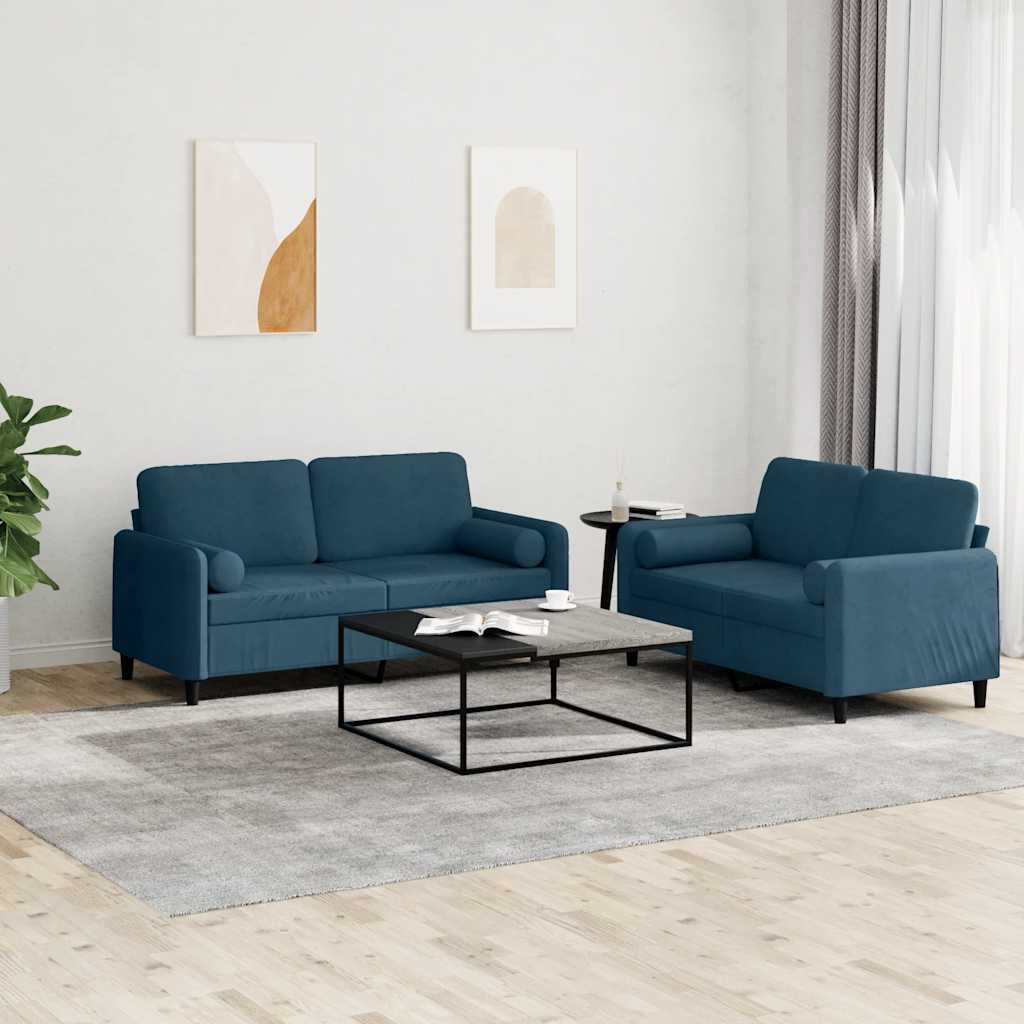 2-dijelni set sofa s jastucima plavi baršunasti
