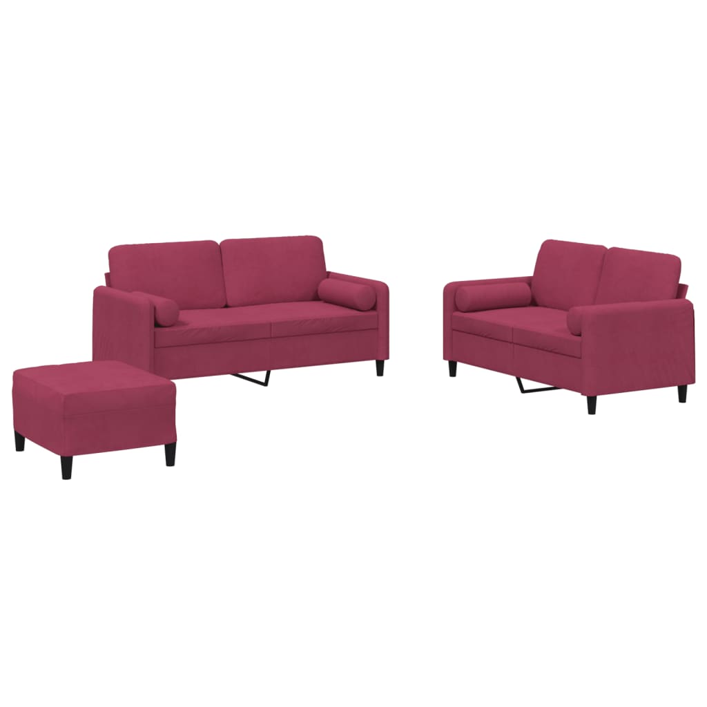 3-dijelni set sofa s jastucima crvena boja vina baršunasti