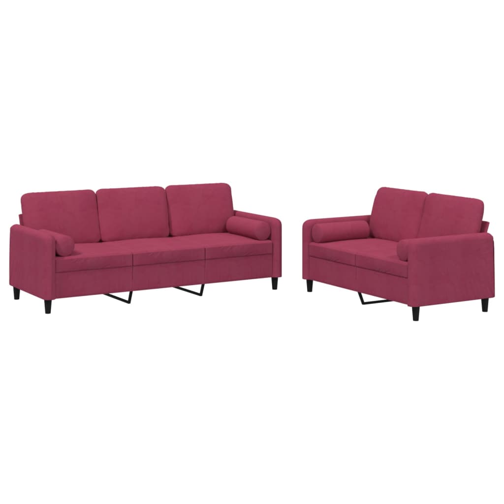 2-dijelni set sofa s jastucima crvena boja vina baršunasti