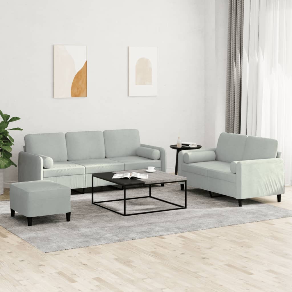 3-dijelni set sofa s jastucima svjetlosivi baršunasti