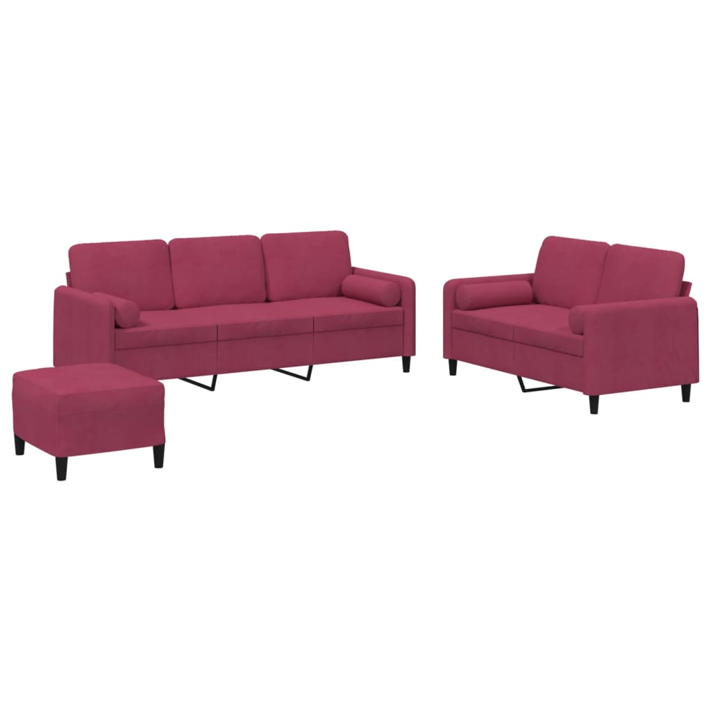 3-dijelni set sofa s jastucima crvena boja vina baršunasti