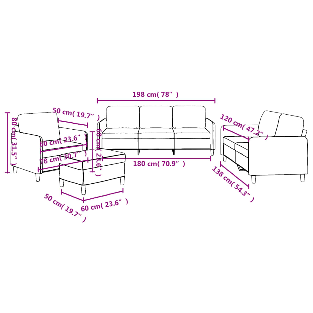 4-dijelni set sofa s jastucima krem od tkanine