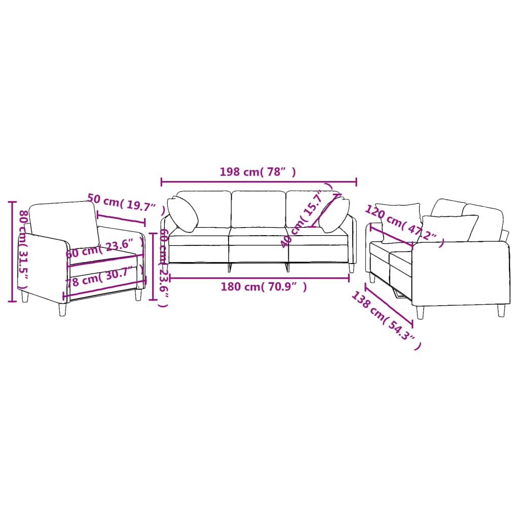 3-dijelni set sofa s jastucima krem od mikrovlakana