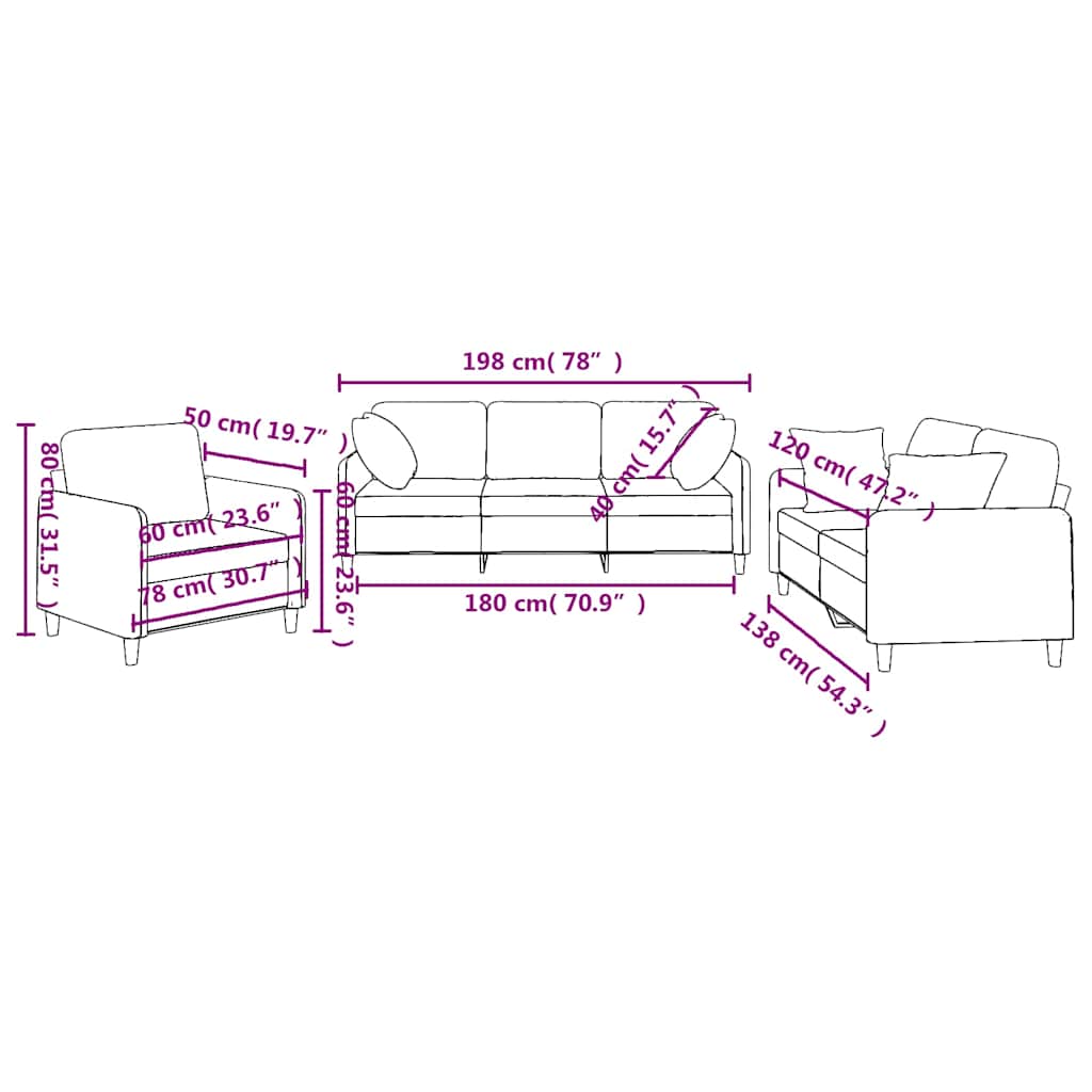 3-dijelni set sofa s jastucima smeđesivi od tkanine