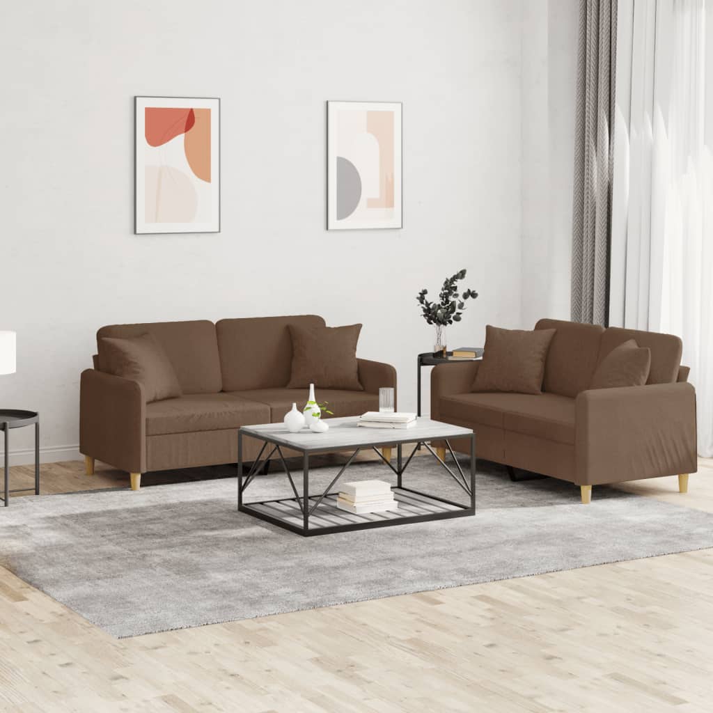 2-dijelni set sofa s jastucima smeđi od tkanine