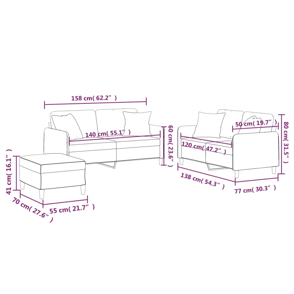 3-dijelni set sofa s jastucima tamnosivi od tkanine