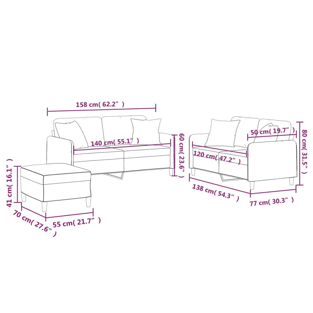3-dijelni set sofa s jastucima crni od mikrovlakana
