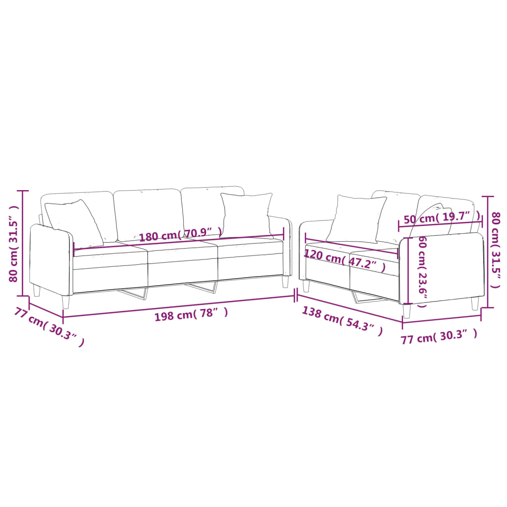 2-dijelni set sofa s jastucima svjetlosivi od tkanine
