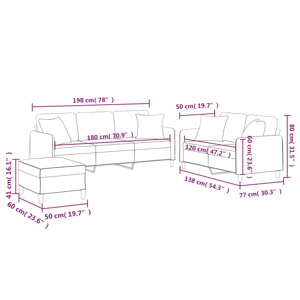 3-dijelni set sofa s jastucima krem od mikrovlakana