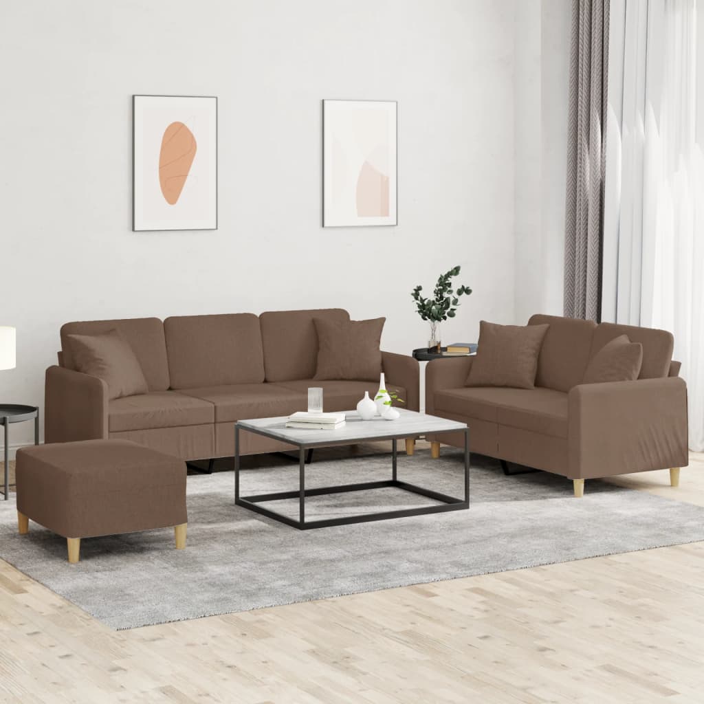 3-dijelni set sofa s jastucima smeđi od tkanine