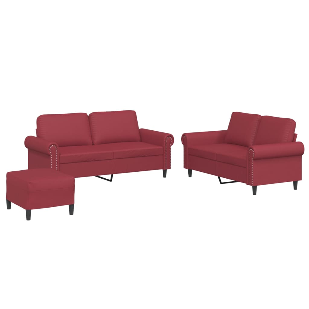 3-dijelni set sofa s jastucima boja vina od umjetne kože