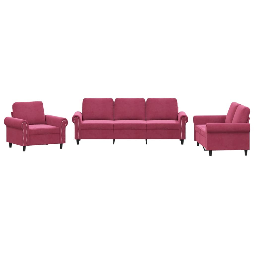 3-dijelni set sofa s jastucima crvena boja vina baršunasti