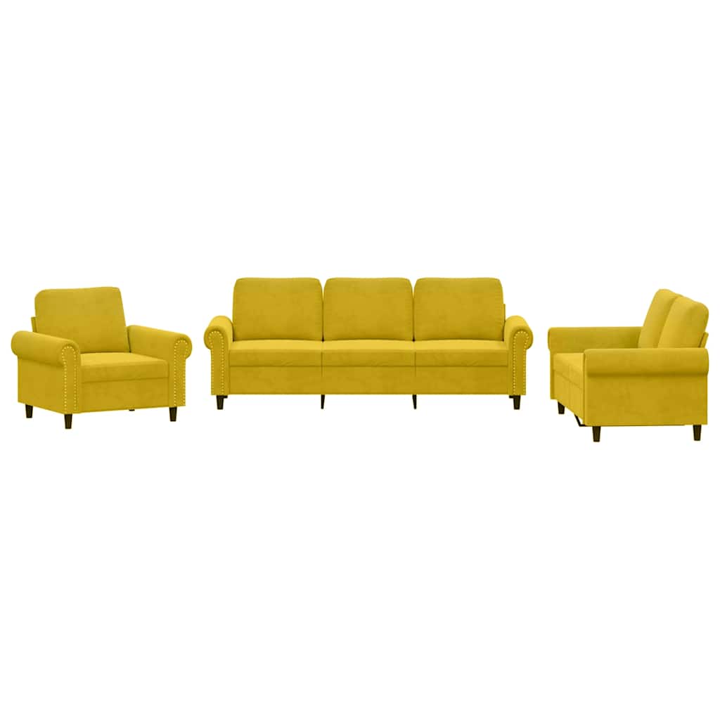 3-dijelni set sofa s jastucima žuti baršunasti