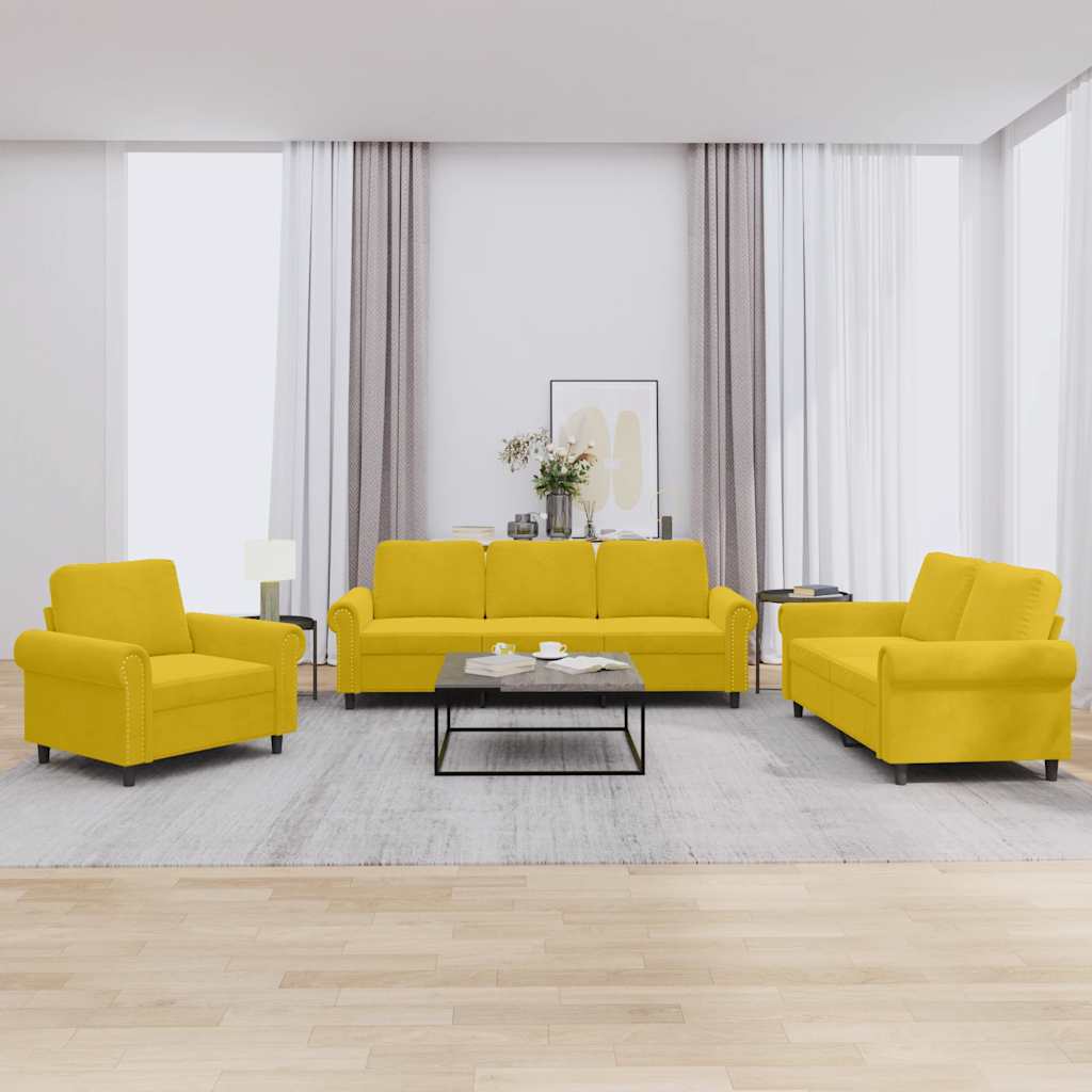 3-dijelni set sofa s jastucima žuti baršunasti