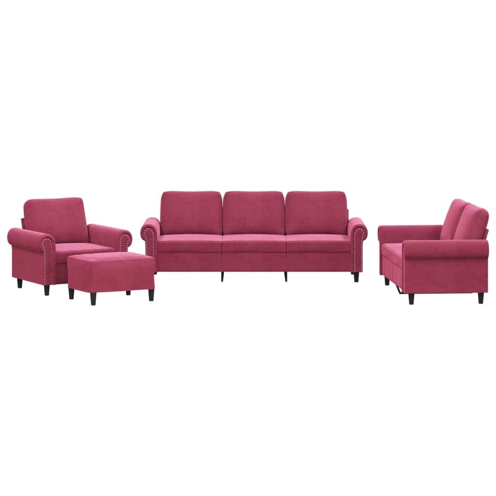 4-dijelni set sofa s jastucima crvena boja vina baršunasti