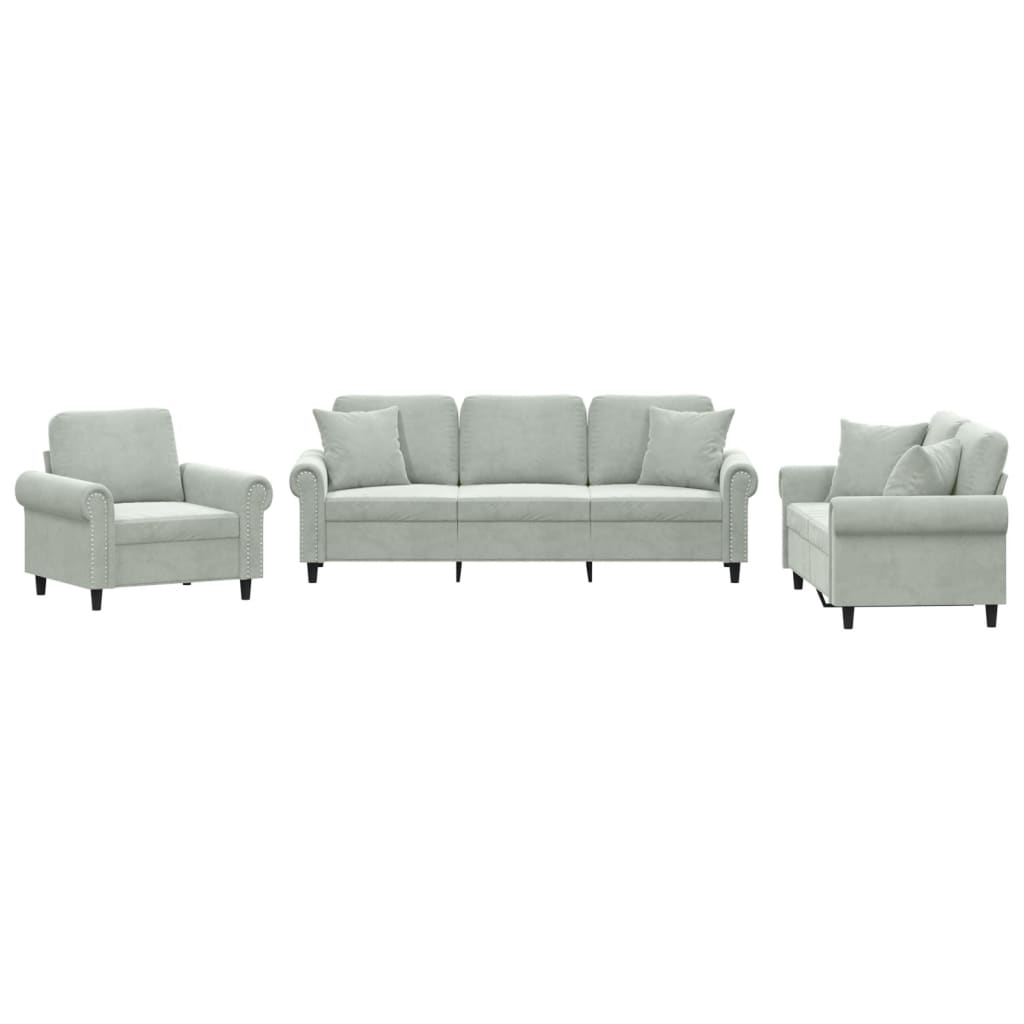 3-dijelni set sofa s jastucima svjetlosivi baršunasti