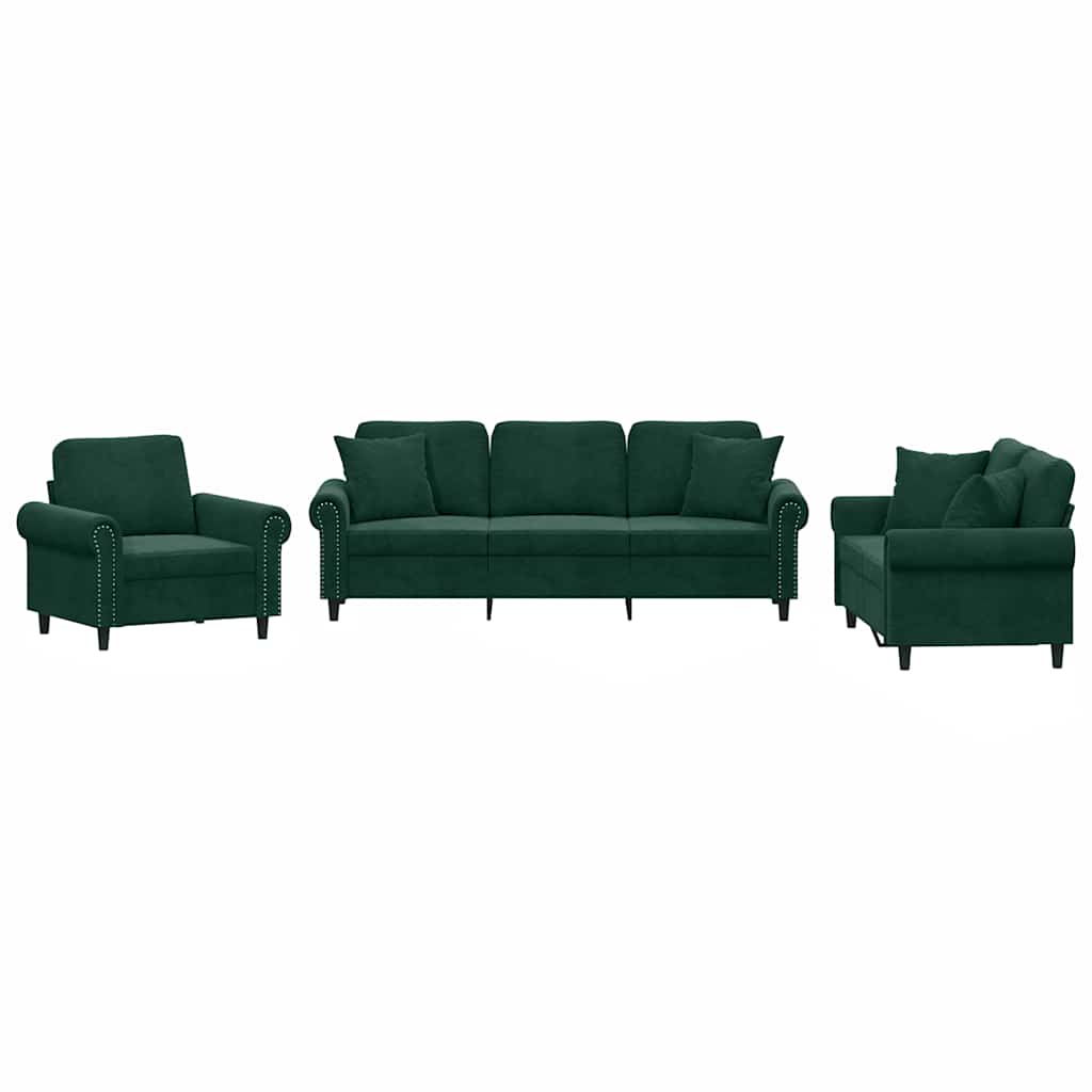 3-dijelni set sofa s jastucima tamnozeleni baršunasti