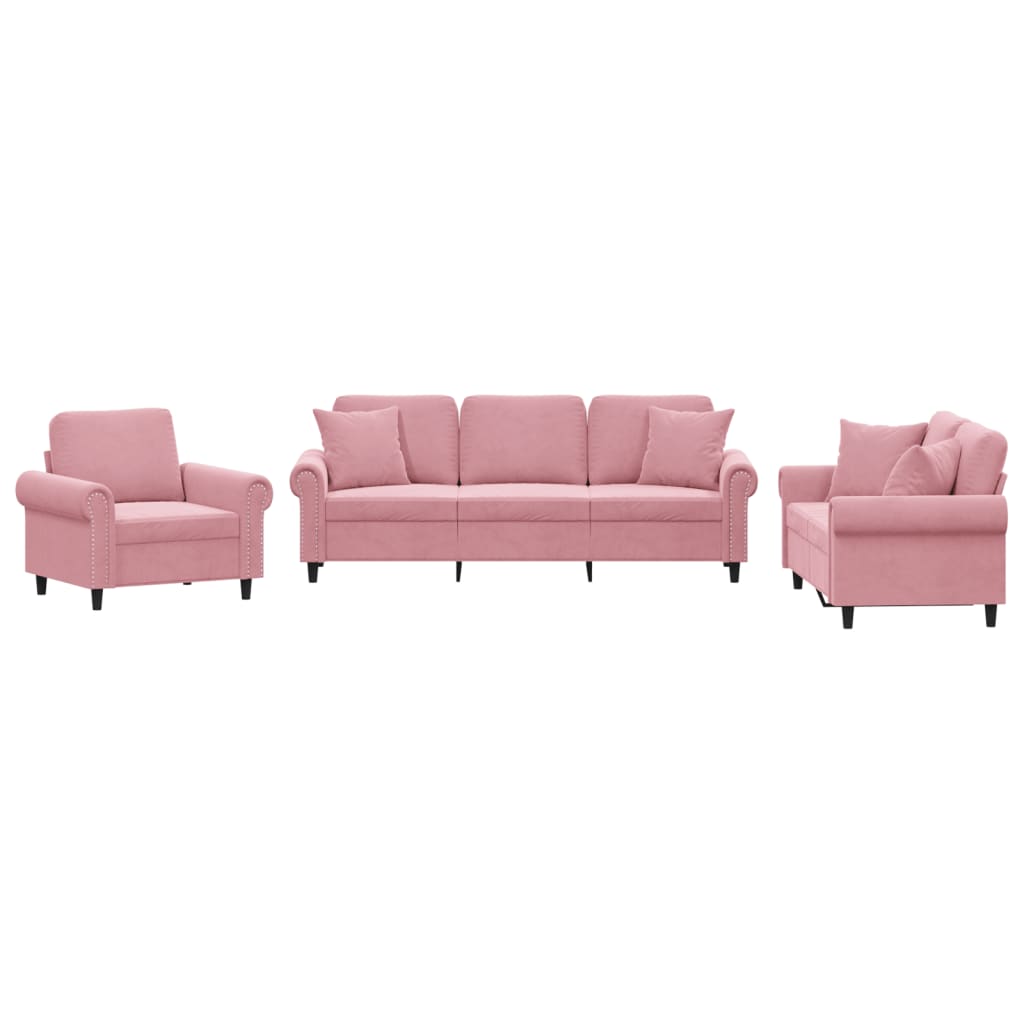 3-dijelni set sofa s jastucima ružičasti baršunasti