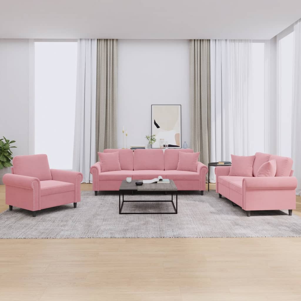 3-dijelni set sofa s jastucima ružičasti baršunasti