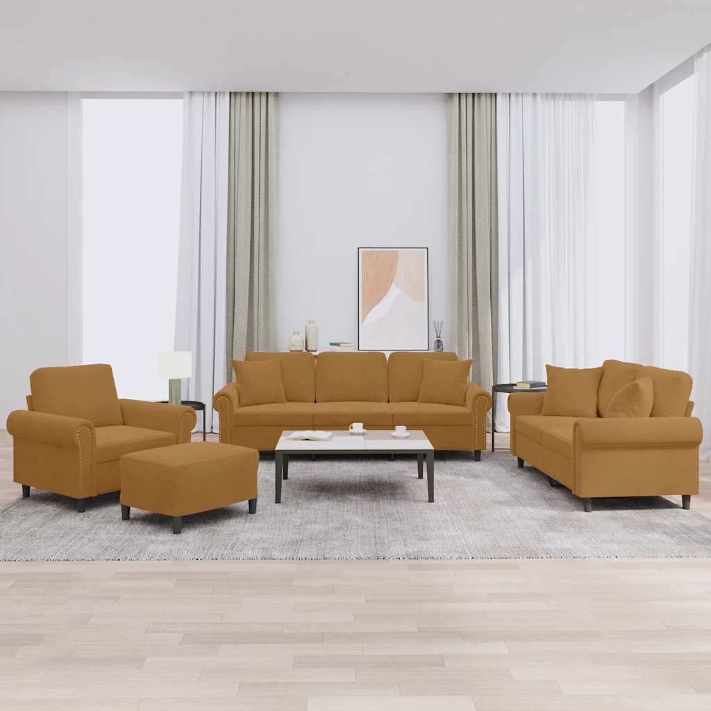 4-dijelni set sofa s jastucima smeđi baršunasti