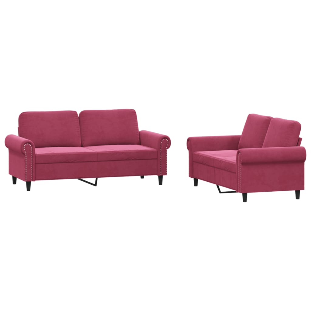 2-dijelni set sofa s jastucima crvena boja vina baršunasti