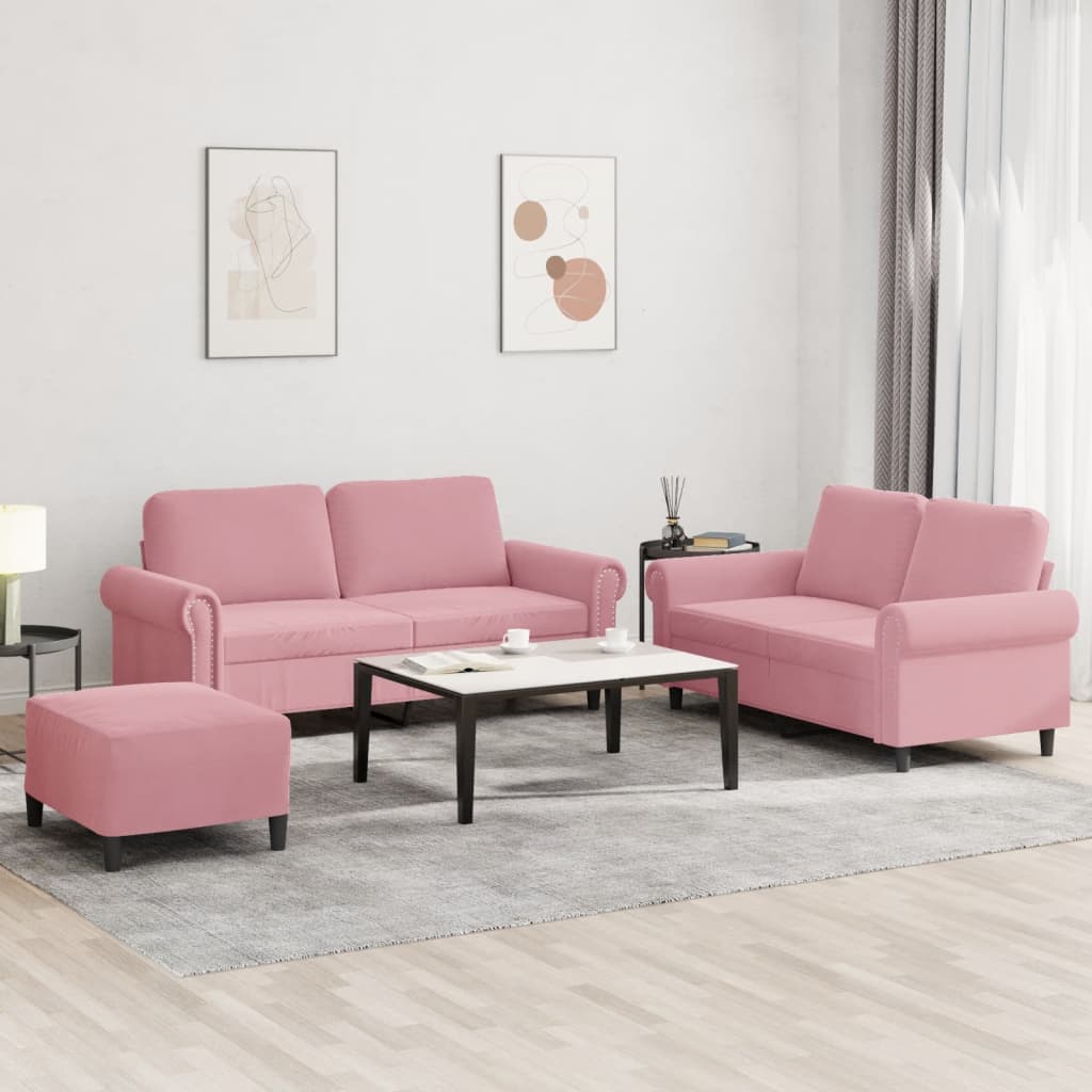 3-dijelni set sofa s jastucima ružičasti baršunasti
