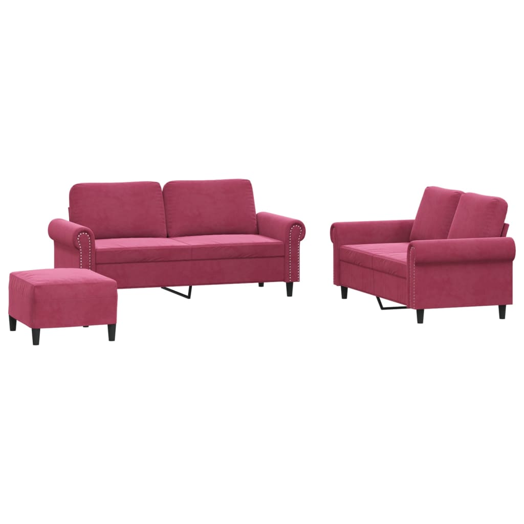 3-dijelni set sofa s jastucima crvena boja vina baršunasti