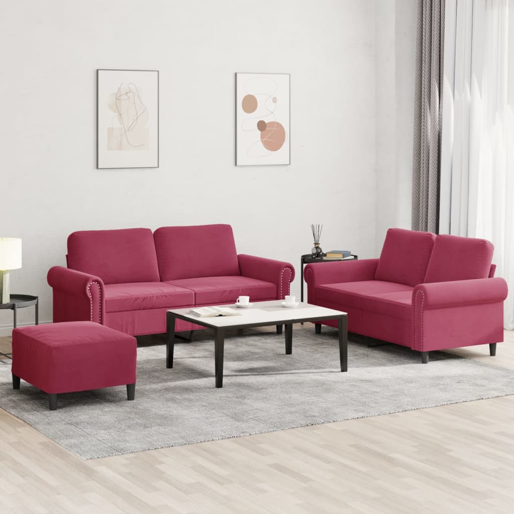 3-dijelni set sofa s jastucima crvena boja vina baršunasti