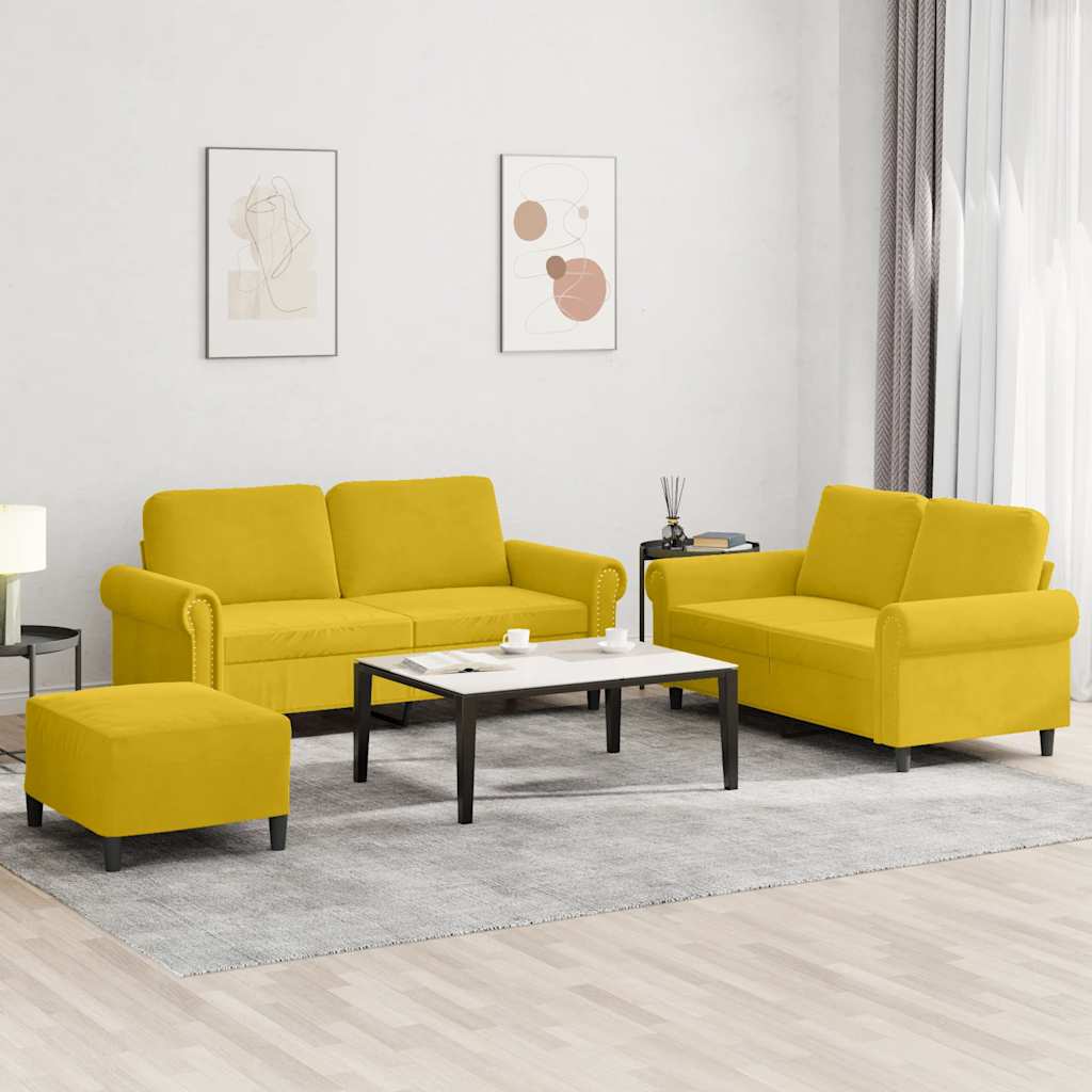3-dijelni set sofa s jastucima žuti baršunasti