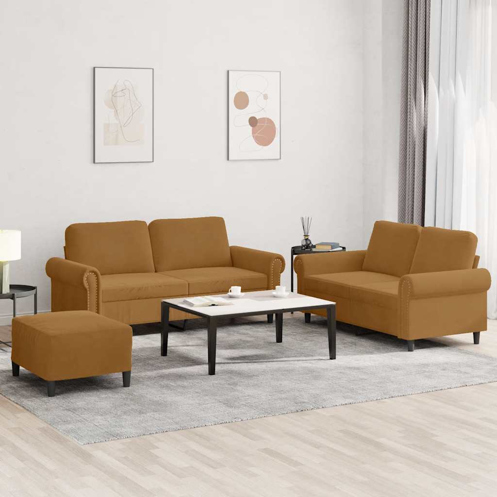 3-dijelni set sofa s jastucima smeđi baršunasti