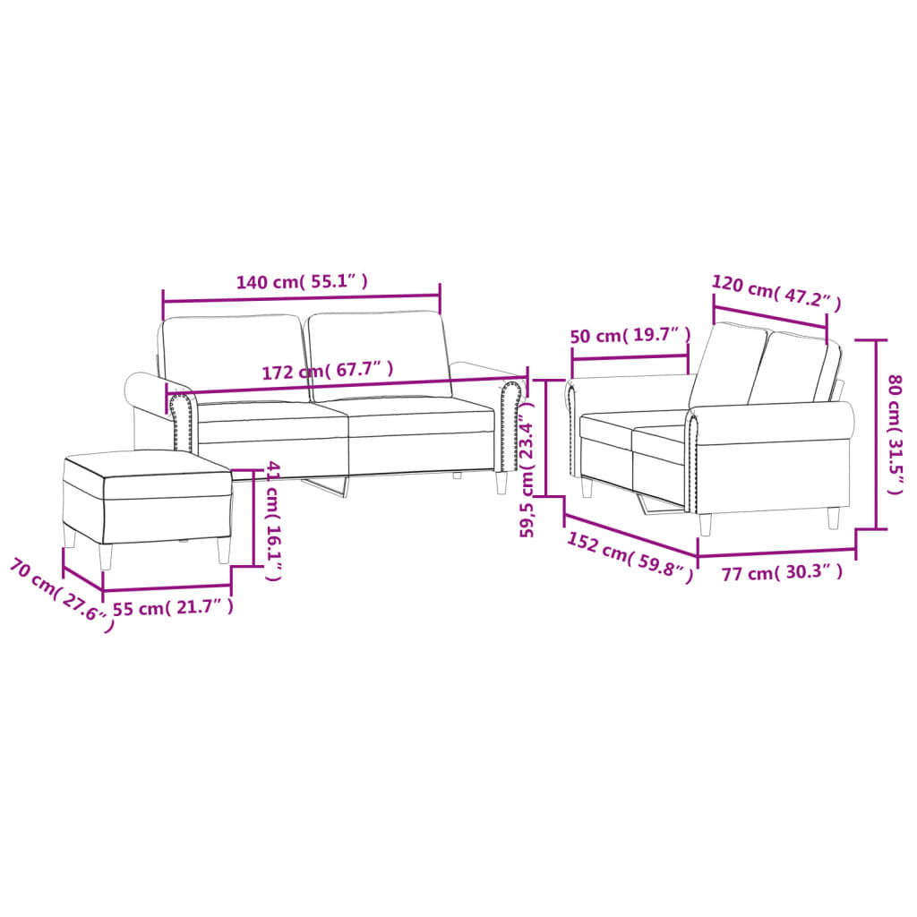 3-dijelni set sofa s jastucima krem baršunasti