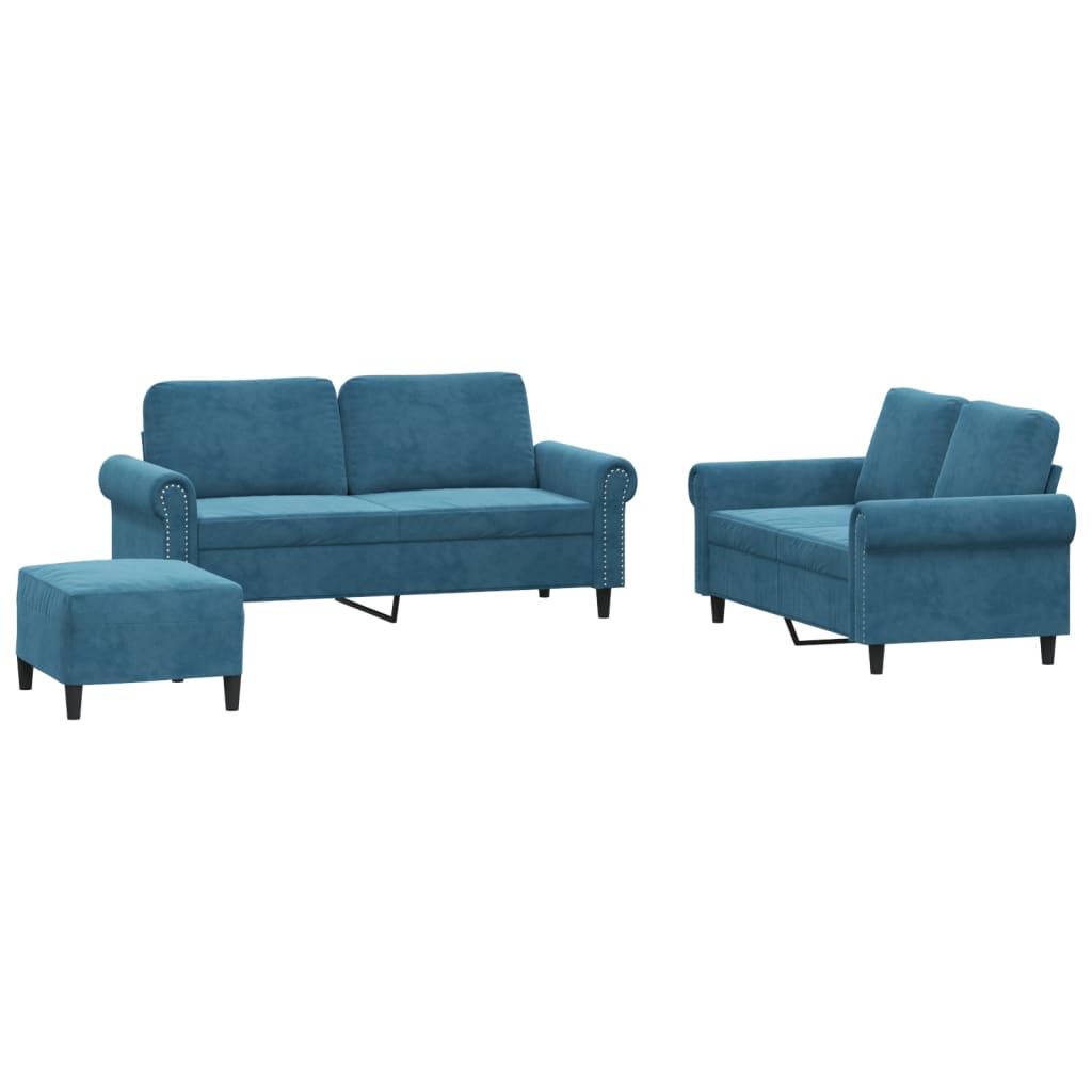 3-dijelni set sofa s jastucima plavi baršunasti