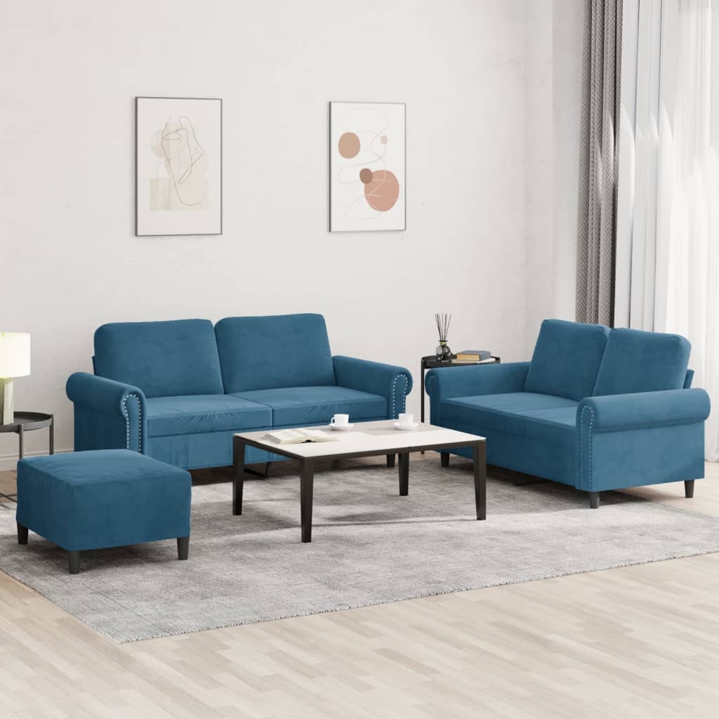 3-dijelni set sofa s jastucima plavi baršunasti