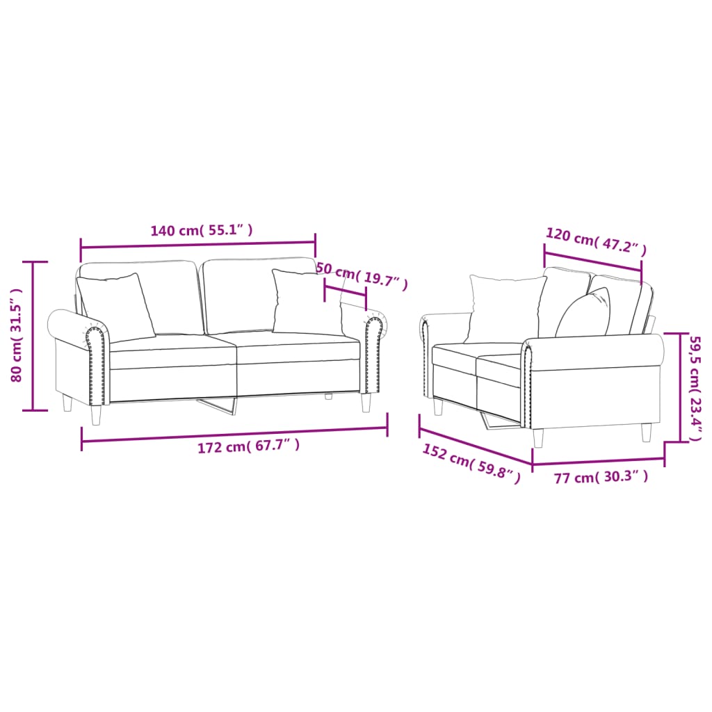 2-dijelni set sofa s jastucima ružičasti baršunasti