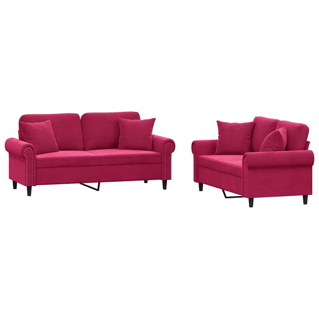 2-dijelni set sofa s jastucima crvena boja vina baršunasti
