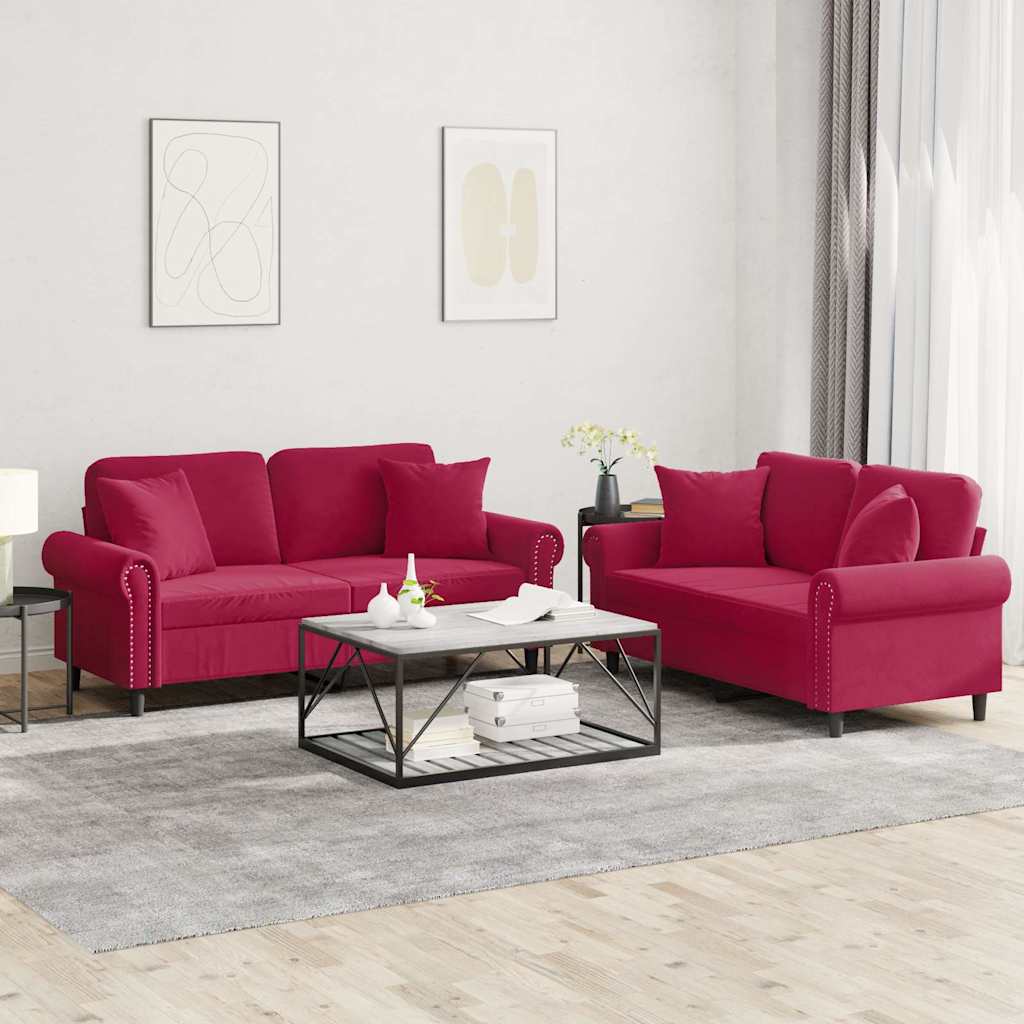 2-dijelni set sofa s jastucima crvena boja vina baršunasti
