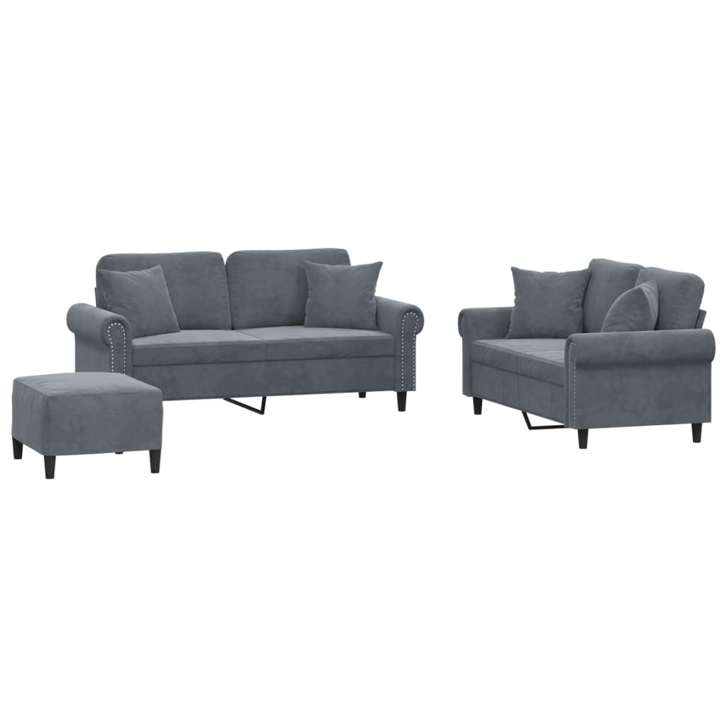 3-dijelni set sofa s jastucima tamnosivi baršunasti