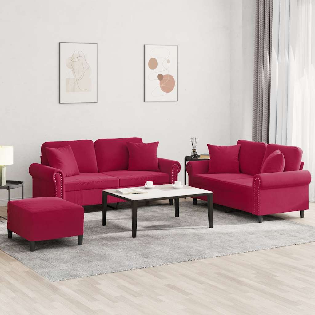 3-dijelni set sofa s jastucima crvena boja vina baršunasti