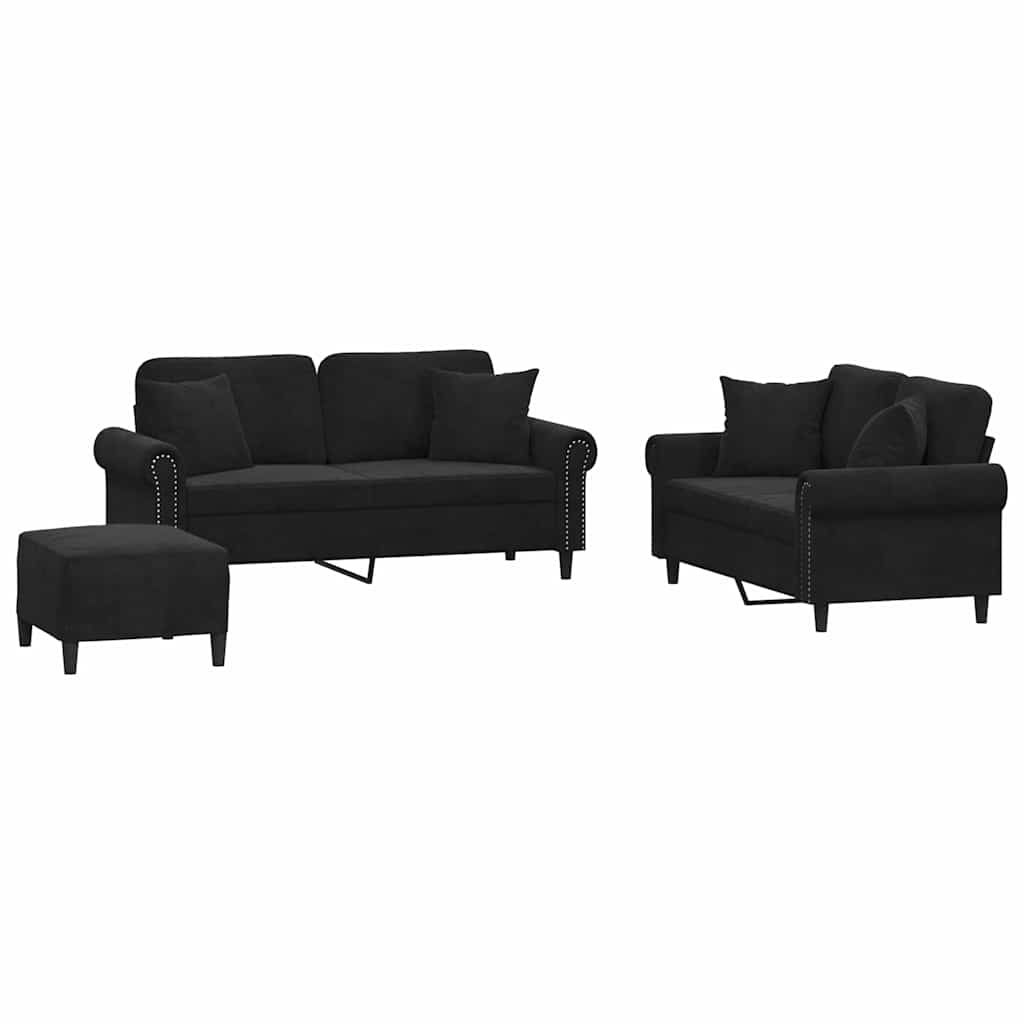 3-dijelni set sofa s jastucima crni baršunasti