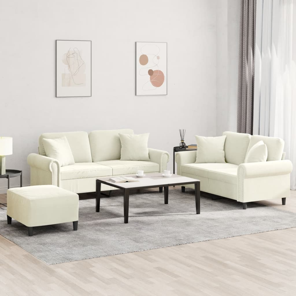 3-dijelni set sofa s jastucima krem baršunasti