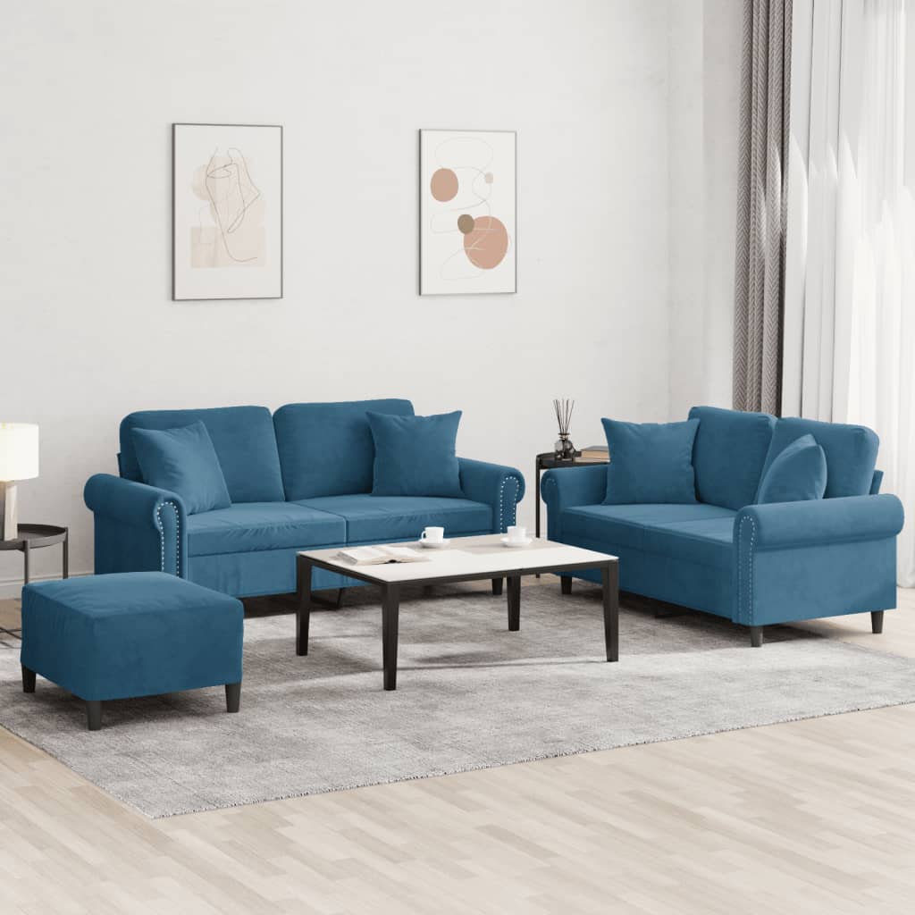 3-dijelni set sofa s jastucima plavi baršunasti
