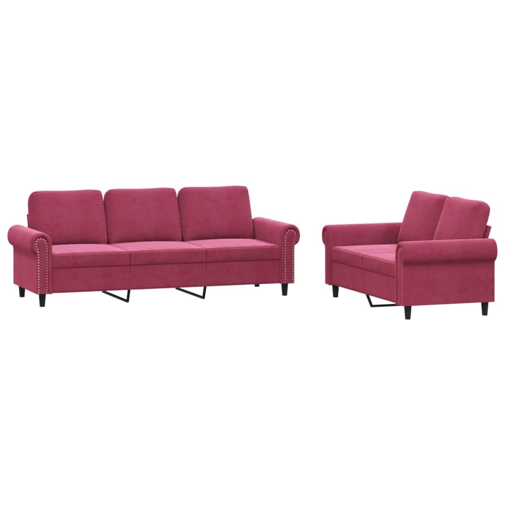 2-dijelni set sofa s jastucima crvena boja vina baršunasti