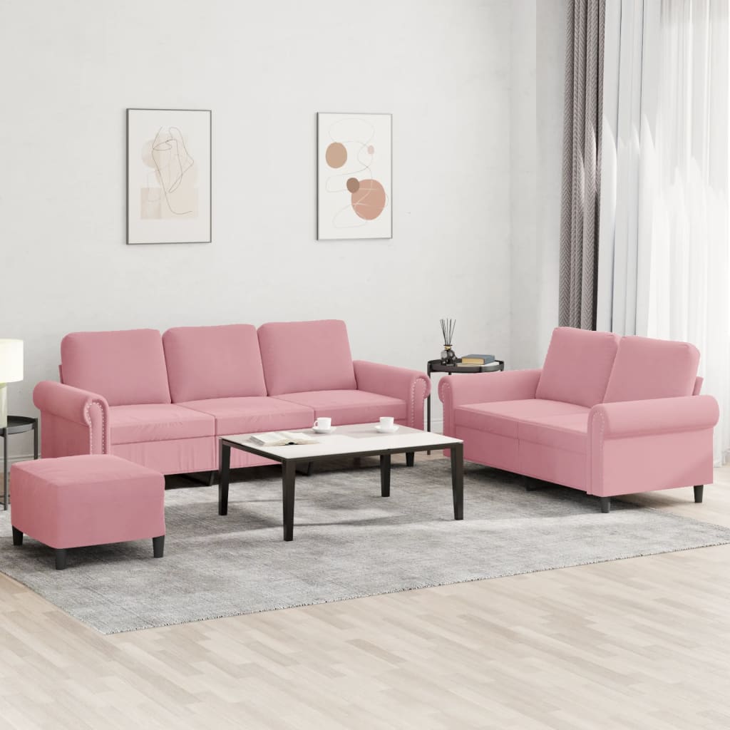 3-dijelni set sofa s jastucima ružičasti baršunasti