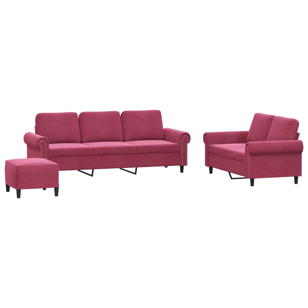 3-dijelni set sofa s jastucima crvena boja vina baršunasti