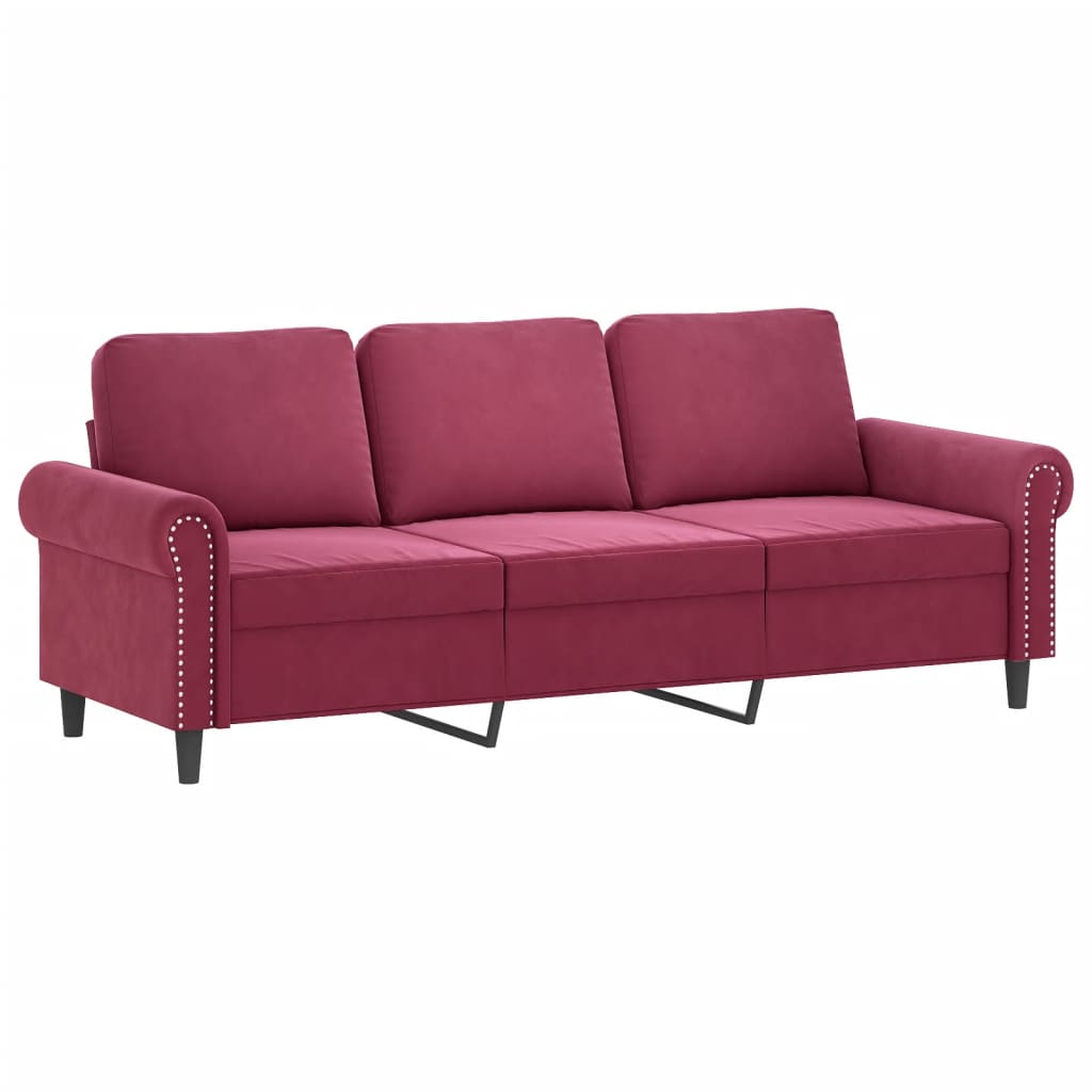 3-dijelni set sofa s jastucima crvena boja vina baršunasti