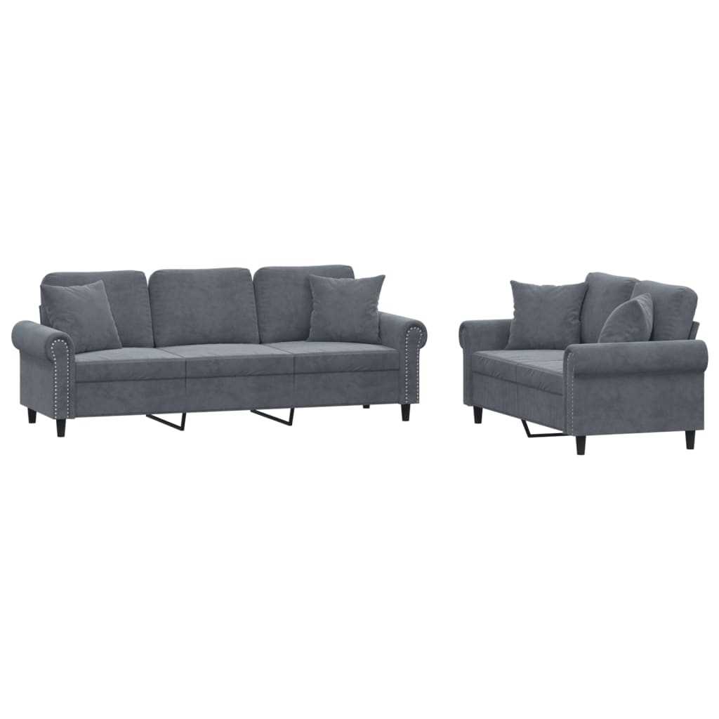 2-dijelni set sofa s jastucima tamnosivi baršunasti